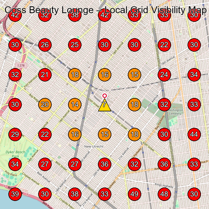Coss Beauty Lounge GeoGrid visibility map for Hair Salon in Brooklyn